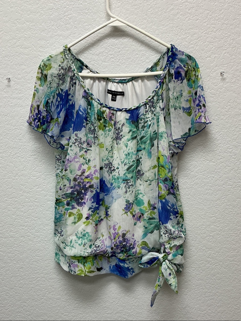 Sara Michelle White Floral Tie-Hem Blouse — Blue, Green, Purple
